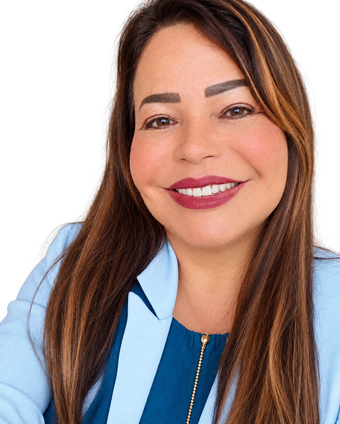 Dra. Leda Leite de jaleco e blusa azul